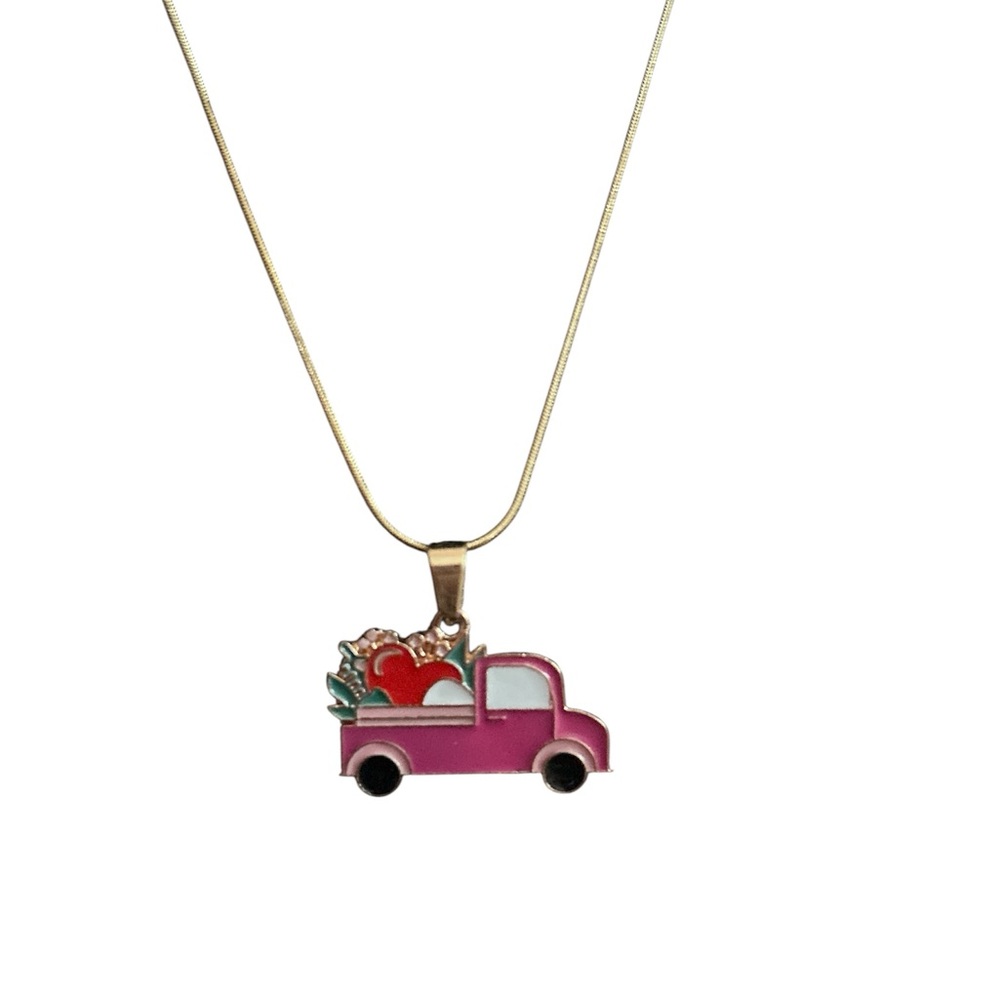 Pink Vintage Truck Heart Pendant Necklace 18” Gold Chain Love Jewelry